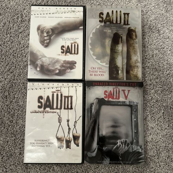 SAW 1, 2, 3, 5 HORROR DVD LOT‎ UNRATED DIRECTORS CUT RARE LIQUID SAW COVER - Picture 1 of 5